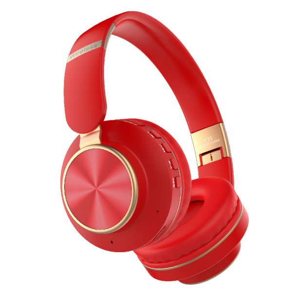 Wholesale Gold Chrome Fashion Bluetooth Wireless Foldable Headphone Headset with Built in Mic for Adults Children Work Home School for Universal Cell Phones, Laptop, Tablet, and More (Red)